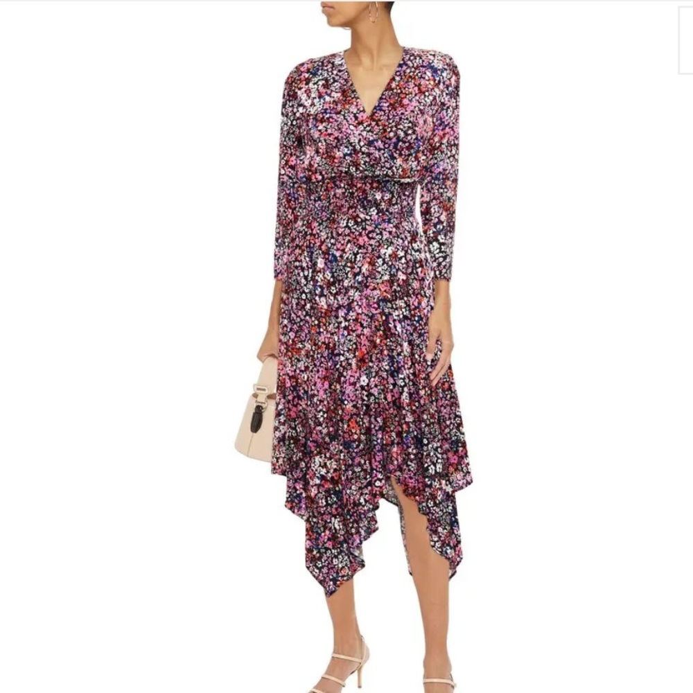 Maje Floral V-Neck Asymmetrical Midi Dress